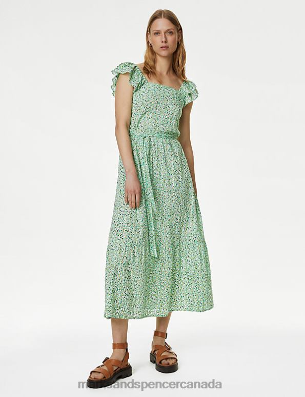 Marks and Spencer sale - Women Green Mix Clothing Marks & Spencer Pure Cotton Printed Square Neck Midi Dress 20VTD1178