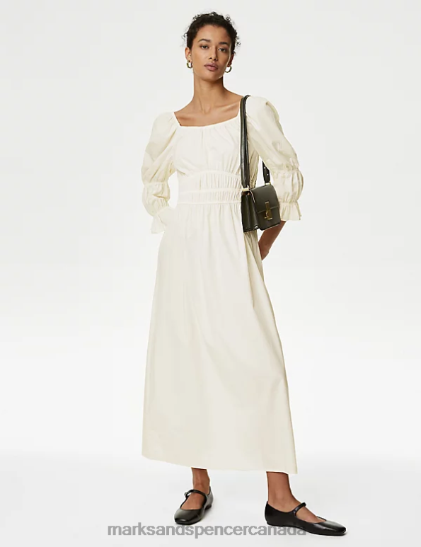 Marks and Spencer sale - Women Ivory Clothing Marks & Spencer Pure Cotton Square Neck Midi Waisted Dress 20VTD404