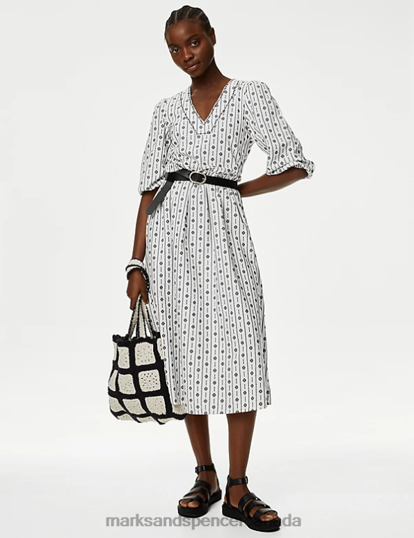 Women Ivory Mix Clothing Marks & Spencer Cotton Rich Jacquard V-Neck Midi Dress 20VTD1453 - Marks and Spencer Canada locations