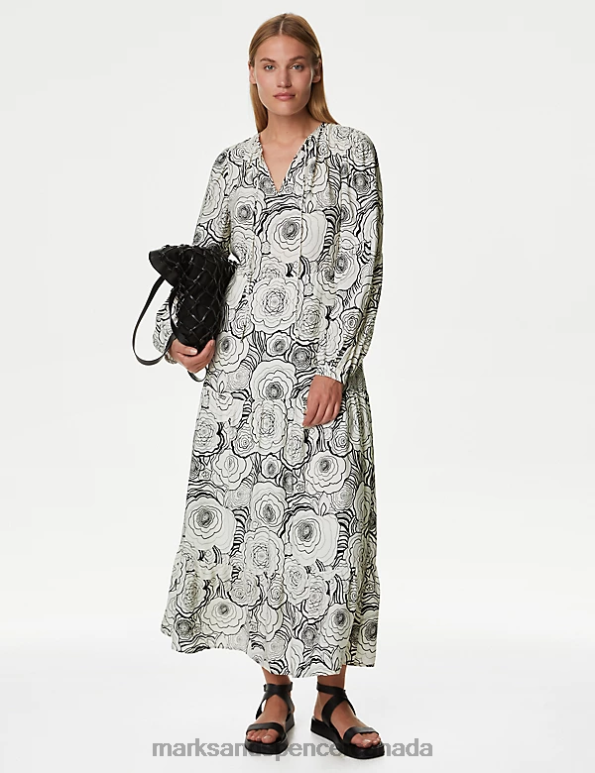 Women Ivory Mix Clothing Marks & Spencer Floral Tie Neck Midaxi Relaxed Tiered Dress 20VTD492 - Marks and Spencer outlet