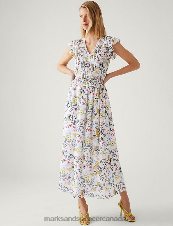 Women Ivory Mix Clothing Marks & Spencer Floral V-Neck Shirred Midi Waisted Dress 20VTD1534 - Marks and Spencer online