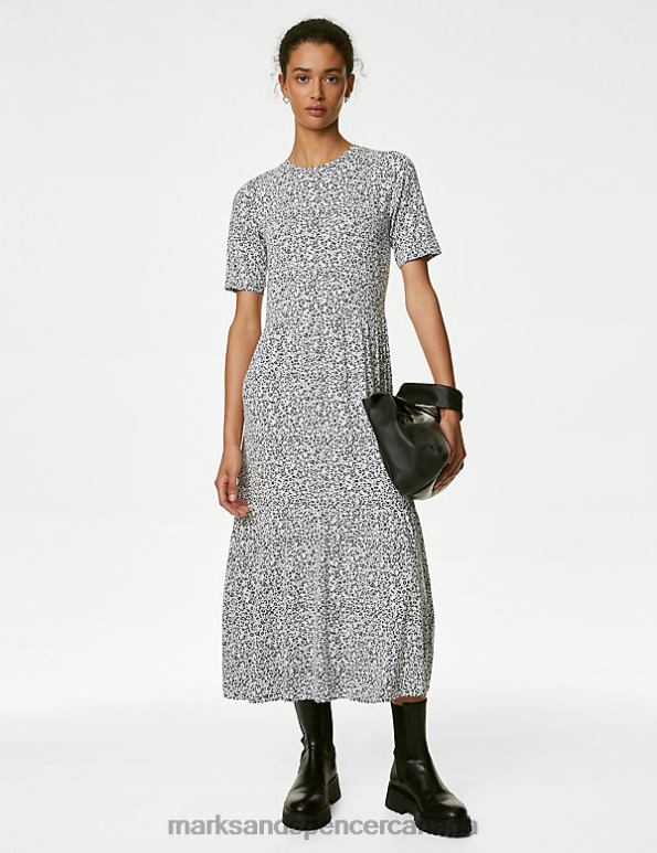 Women Ivory Mix Clothing Marks & Spencer Jersey Printed Round Neck Midi Tiered Dress 20VTD894 - Marks and Spencer online