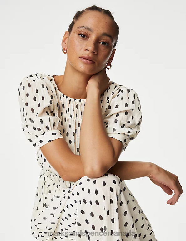 Marks and Spencer near me - Women Ivory Mix Clothing Marks & Spencer Polka Dot Round Neck Midi Smock Dress 20VTD250