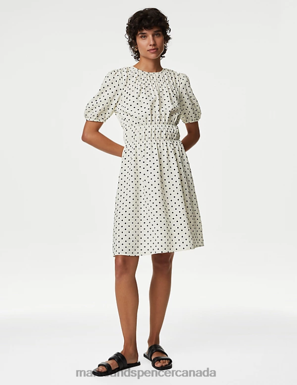 Women Ivory Mix Clothing Marks & Spencer Polka Dot Textured Mini Smock Dress 20VTD431 - Marks and Spencer outlet