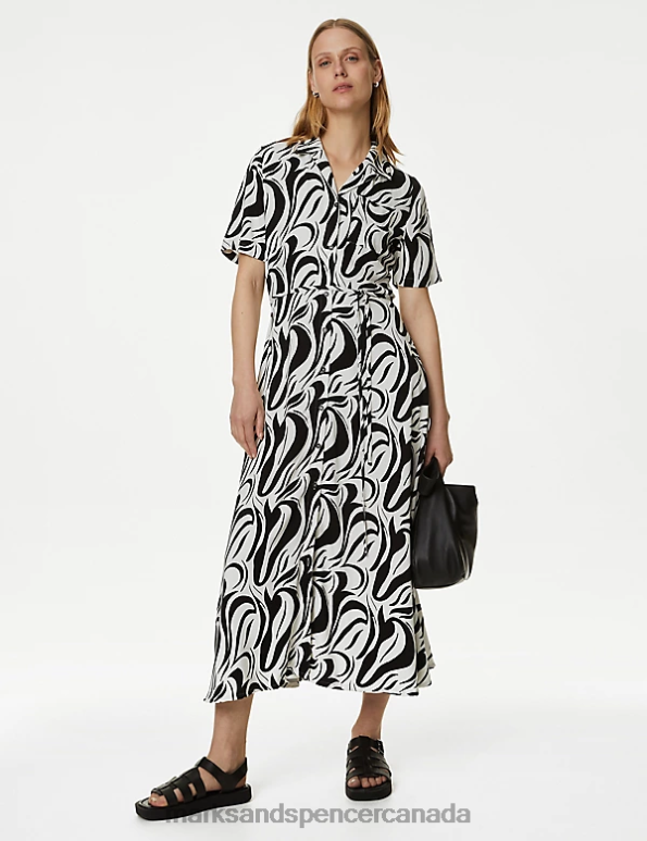 Women Ivory Mix Clothing Marks & Spencer Printed Belted Midi Shirt Dress 20VTD2315 - Marks and Spencer online