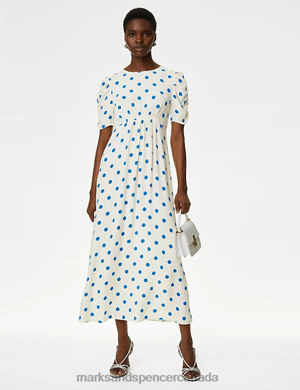 Women Ivory Mix Clothing Marks & Spencer Printed Cut Out Detail Midi Tea Dress 20VTD220 - Marks and Spencer Canada locations