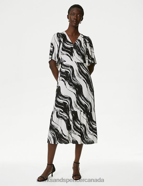 Women Ivory Mix Clothing Marks & Spencer Printed V-Neck Midaxi Tiered Dress 20VTD686 - Marks and Spencer outlet