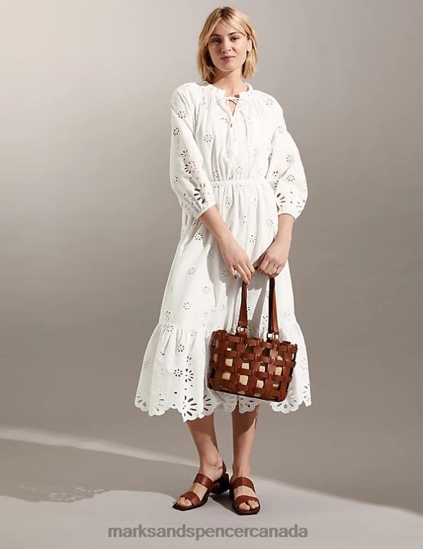 Marks and Spencer near me - Women Ivory Mix Clothing Marks & Spencer Pure Cotton Broderie Tie Neck Midi Dress 20VTD1743