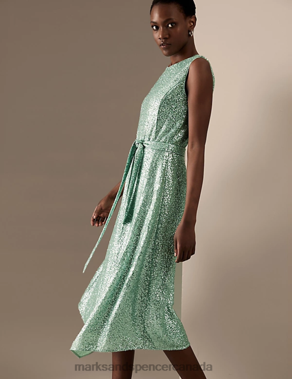 Marks and Spencer Canada - Women Jade Mix Clothing Marks & Spencer Sequin Round Neck Belted Midi Shift Dress 20VTD2540