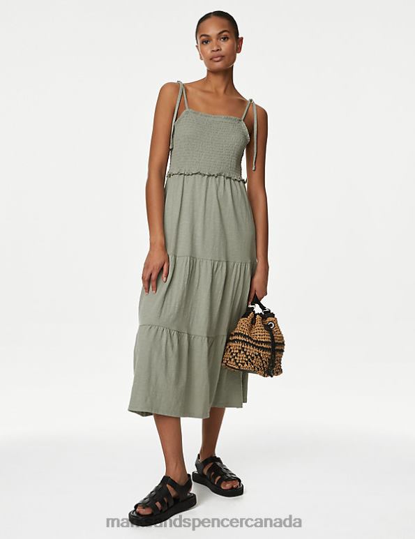 Women Khaki Clothing Marks & Spencer Pure Cotton Jersey Shirred Midi Dress 20VTD2216 - Marks and Spencer online