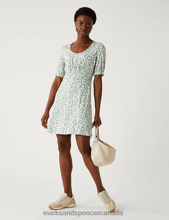 Women Khaki Mix Clothing Marks & Spencer Jersey Printed Scoop Neck Mini Skater Dress 20VTD839 - Marks and Spencer online