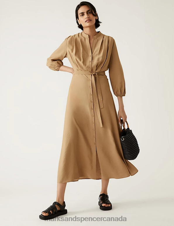 Marks and Spencer Canada - Women Light Brown Clothing Marks & Spencer Round Neck Pleated Midi Shirt Dress 20VTD1878