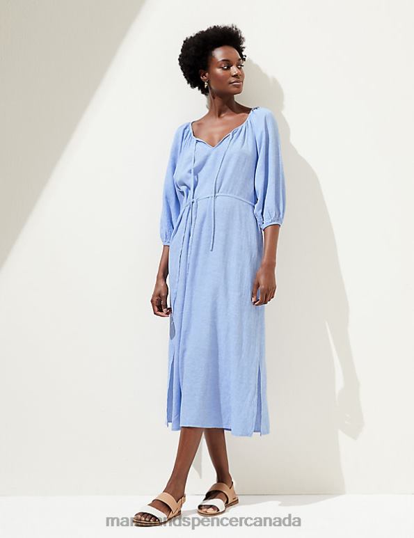 Women Light Chambray Clothing Marks & Spencer Linen Blend Tie Neck Midi Column Dress 20VTD866 - Marks and Spencer online