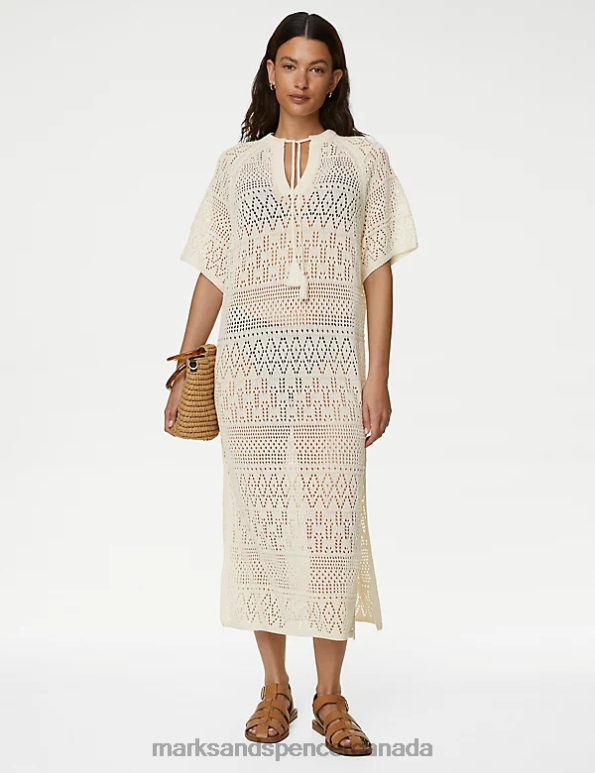 Marks and Spencer sale - Women Light Cream Clothing Marks & Spencer Cotton Blend Pointelle V-Neck Knitted Dress 20VTD288