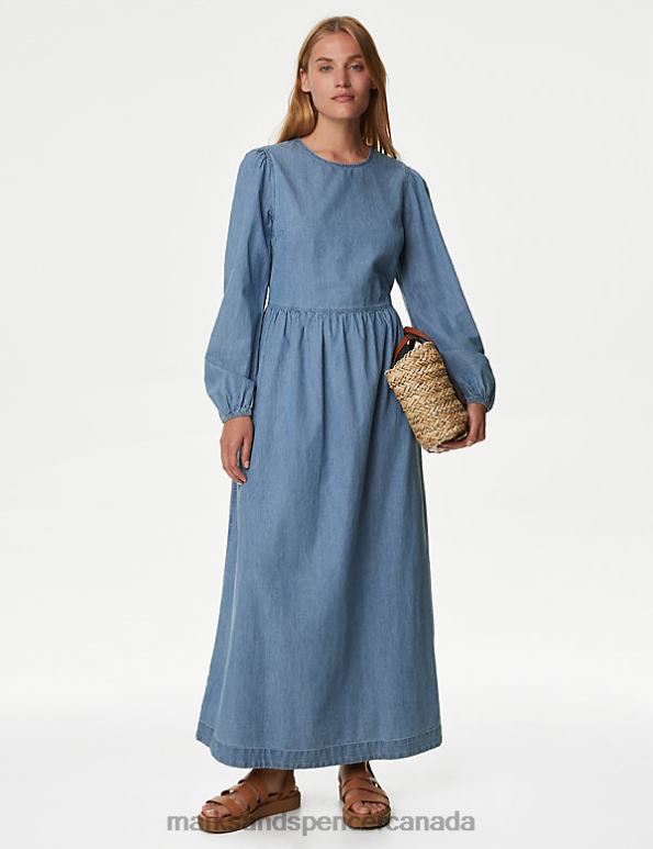 Women Light Denim Clothing Marks & Spencer Denim Tie Waist Maxi Smock Dress 20VTD1862 - Marks and Spencer online