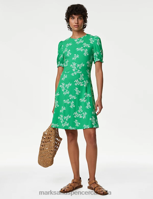 Marks and Spencer near me - Women Light Green Mix Clothing Marks & Spencer Jersey Printed Mini Skater Dress 20VTD525