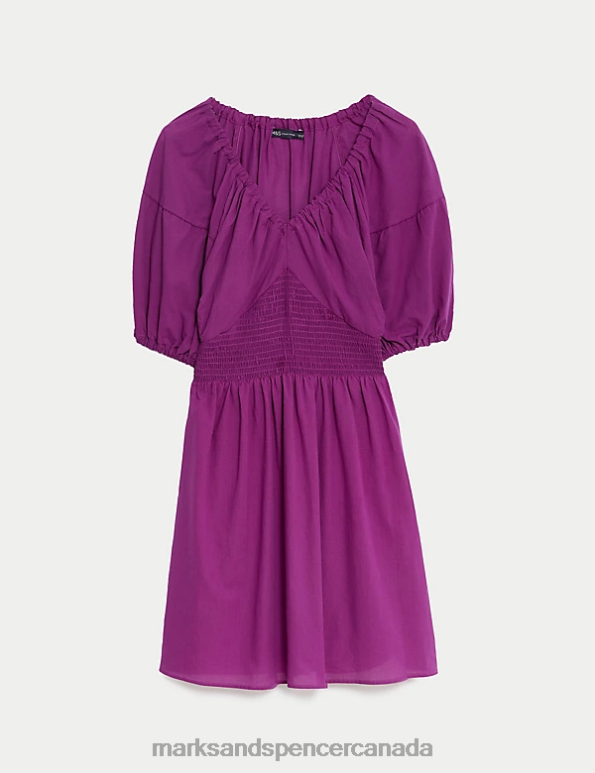 Women Magenta Clothing Marks & Spencer Pure Cotton V-Neck Mini Waisted Dress 20VTD2737 - Marks and Spencer outlet