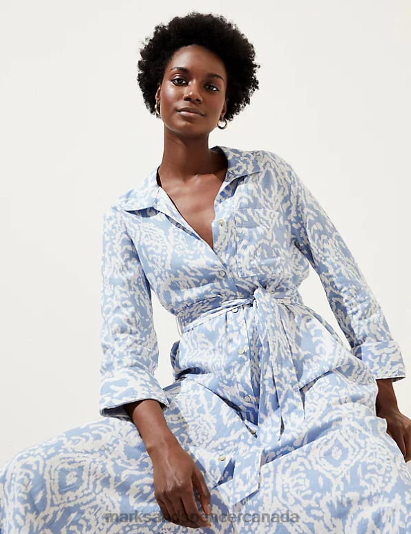 Marks and Spencer near me - Women Medium Blue Mix Clothing Marks & Spencer Linen Blend Printed Midi Shirt Dress 20VTD789