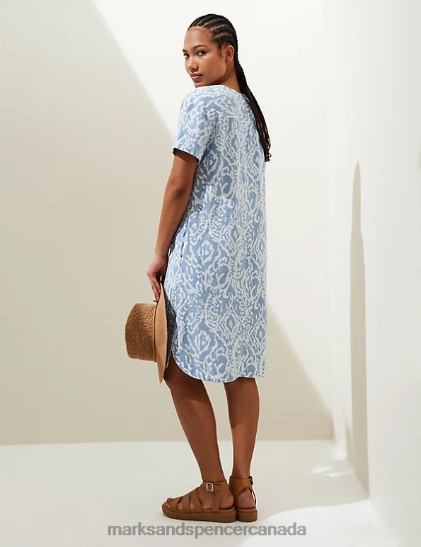 Marks and Spencer sale - Women Medium Blue Mix Clothing Marks & Spencer Linen Rich Printed V-Neck Midi Shift Dress 20VTD315