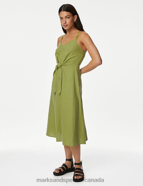 Marks and Spencer near me - Women Medium Green Clothing Marks & Spencer Linen Rich V-Neck Midi Waisted Dress 20VTD2257