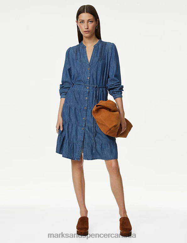 Women Medium Indigo Clothing Marks & Spencer Denim Notch Neck Knee Length Tiered Dress 20VTD328 - Marks and Spencer Canada locations