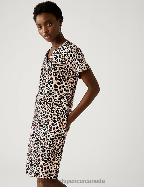 Women Multi Clothing Marks & Spencer Animal Print V-Neck Knee Length Shift Dress 20VTD2539 - Marks and Spencer outlet