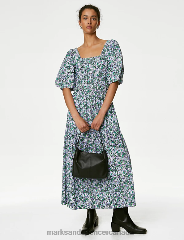 Women Multi Clothing Marks & Spencer Cotton Blend Floral Square Neck Midi Dress 20VTD868 - Marks and Spencer Canada locations