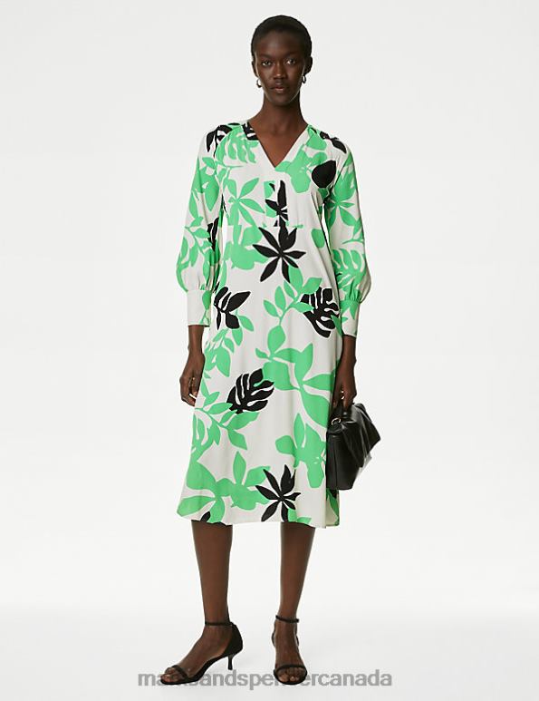 Women Multi Clothing Marks & Spencer Leaf Print V-Neck Midaxi Smock Dress 20VTD736 - Marks and Spencer outlet