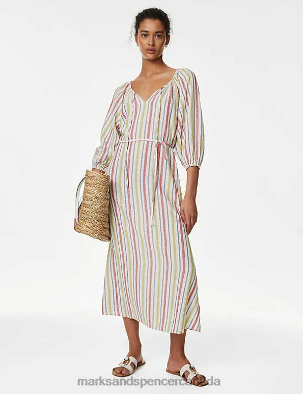 Women Multi Clothing Marks & Spencer Linen Blend Striped Midi Waisted Dress 20VTD1431 - Marks and Spencer Canada locations