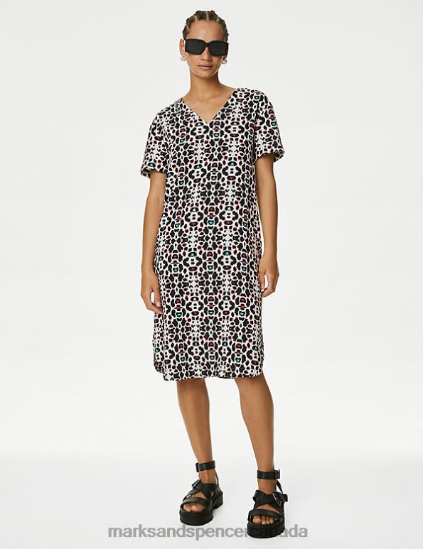 Women Multi Clothing Marks & Spencer Linen Rich Printed V-Neck Midi Shift Dress 20VTD677 - Marks and Spencer online