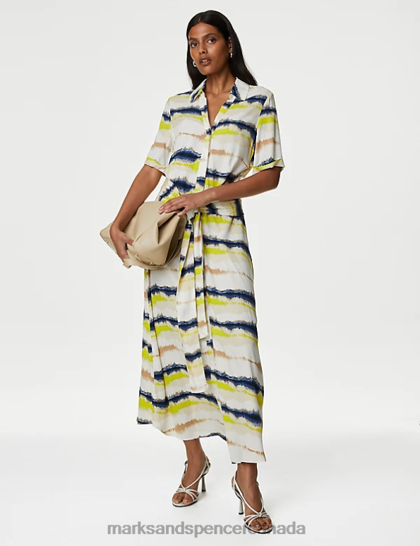 Women Multi Clothing Marks & Spencer Printed Collared Belted Midi Shirt Dress 20VTD45 - Marks and Spencer online