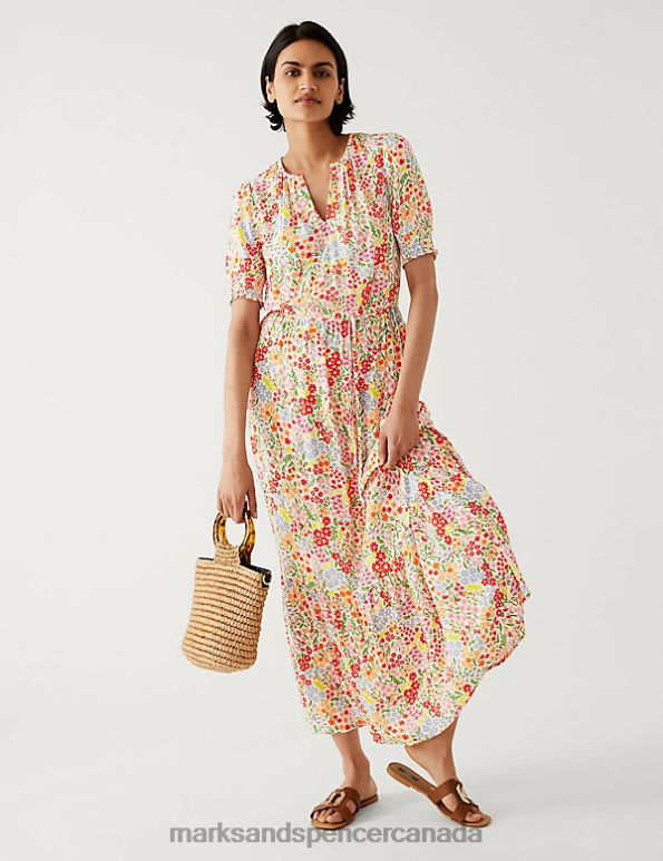 Women Multi Clothing Marks & Spencer Printed Round Neck Midaxi Waisted Dress 20VTD732 - Marks and Spencer Canada locations