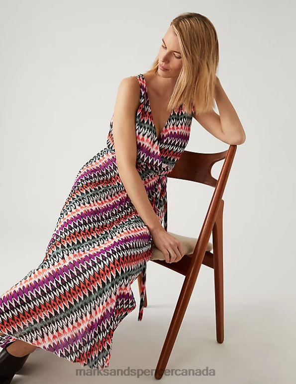 Women Multi Clothing Marks & Spencer Printed V-Neck Pleated Midi Wrap Dress 20VTD484 - Marks and Spencer Canada locations