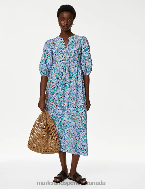 Marks and Spencer near me - Women Multi Clothing Marks & Spencer Pure Cotton Floral Midi Smock Dress 20VTD165