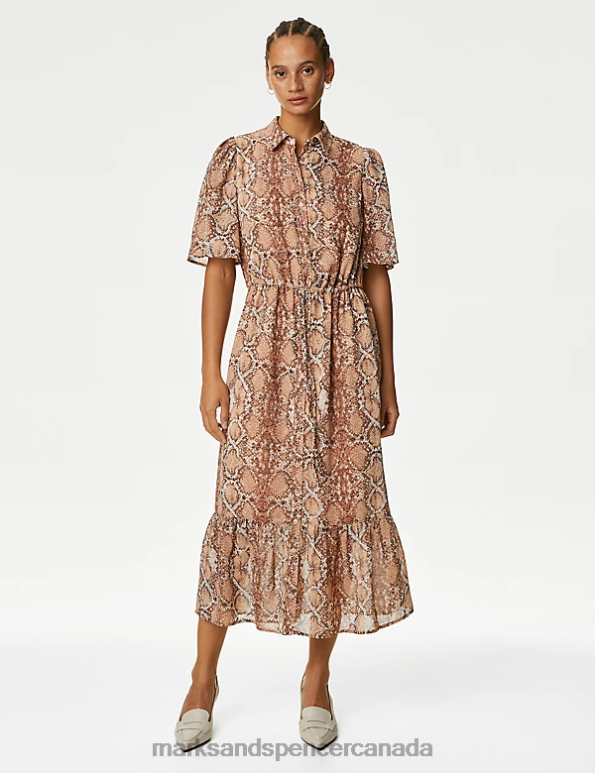 Women Natural Mix Clothing Marks & Spencer Snake Print Midi Shirt Dress 20VTD544 - Marks and Spencer outlet