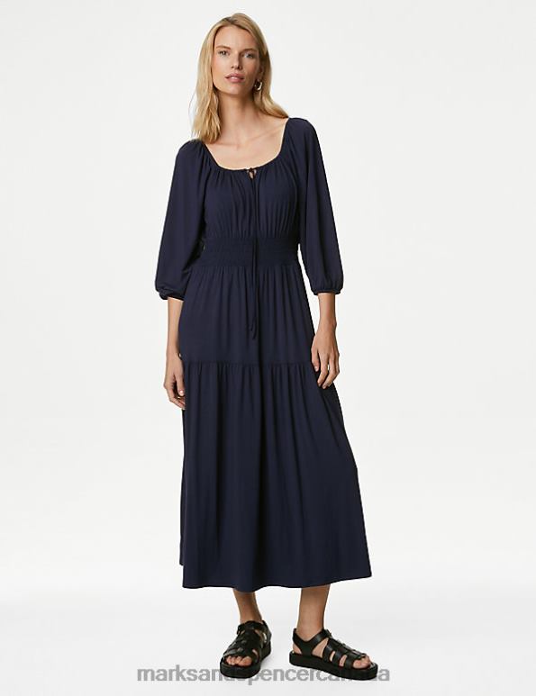 Marks and Spencer sale - Women Navy Clothing Marks & Spencer Jersey Square Neck Midi Waisted Dress 20VTD2136