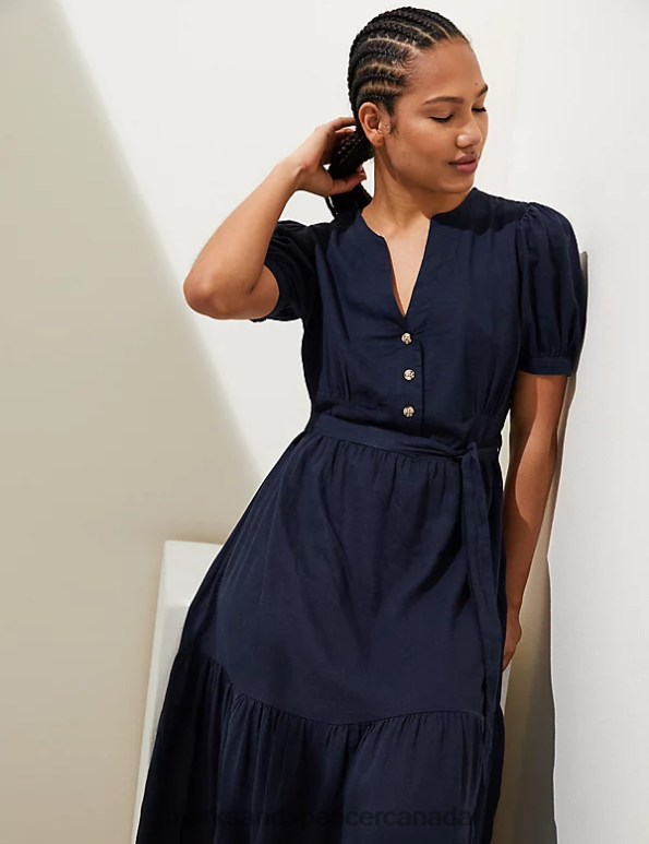 Marks and Spencer Canada - Women Navy Clothing Marks & Spencer Linen Blend V-Neck Tie Waist Midi Tea Dress 20VTD1446