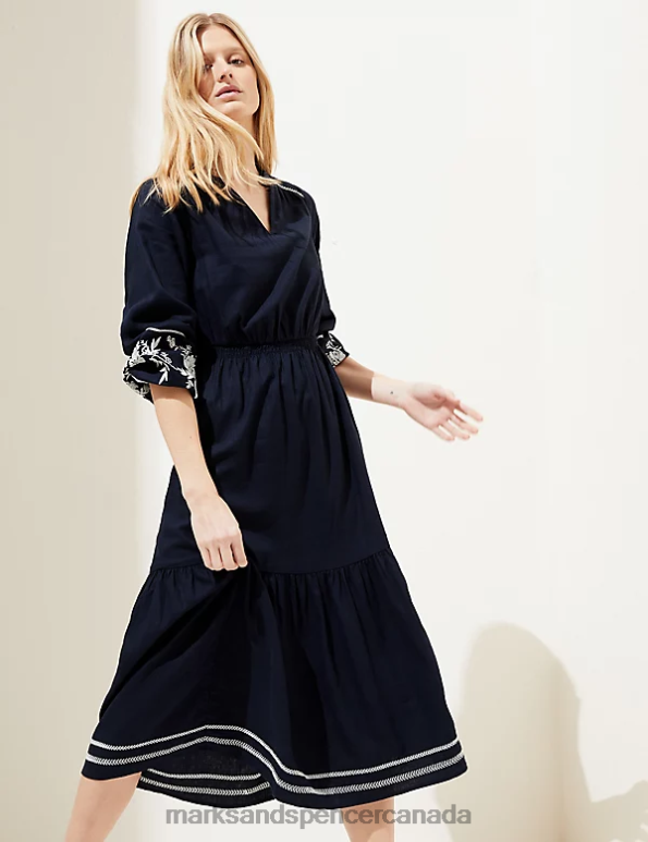 Marks and Spencer near me - Women Navy Clothing Marks & Spencer Linen Rich Embroidered V-Neck Midi Dress 20VTD335