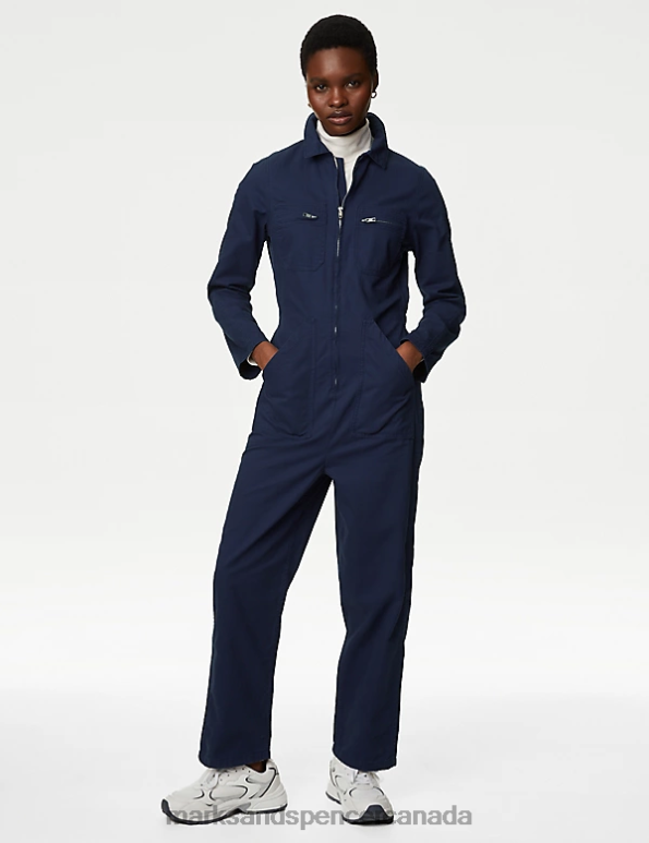 Women Navy Clothing Marks & Spencer Pure Cotton Ankle Grazer Utility Jumpsuit 20VTD257 - Marks and Spencer Canada locations