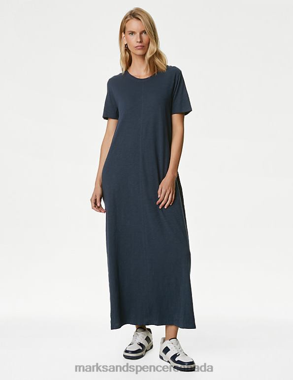 Marks and Spencer sale - Women Navy Clothing Marks & Spencer Pure Cotton Round Neck Midaxi T-Shirt Dress 20VTD1722