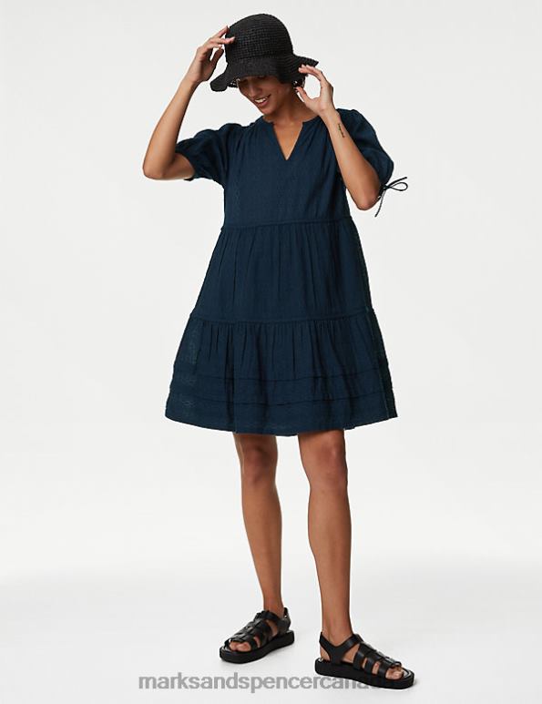 Women Navy Clothing Marks & Spencer Pure Cotton V-Neck Mini Tiered Dress 20VTD1990 - Marks and Spencer outlet