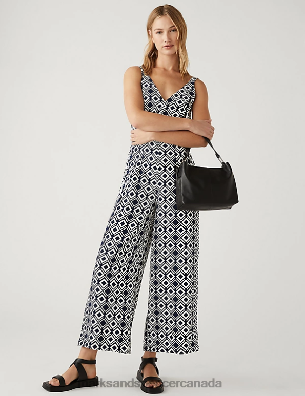 Women Navy Mix Clothing Marks & Spencer Geometric Tie Detail Sleeveless Jumpsuit 20VTD1700 - Marks and Spencer Canada locations