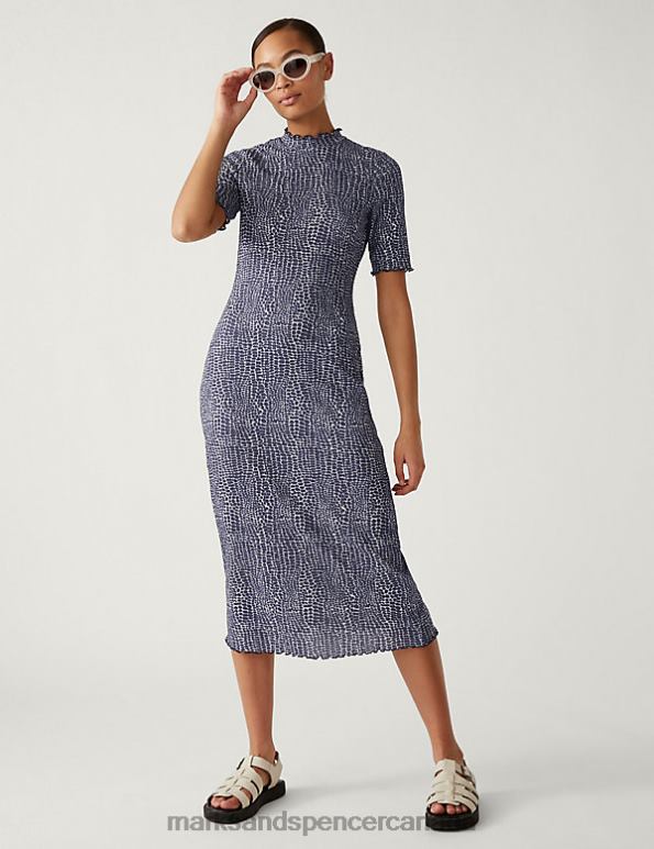 Marks and Spencer sale - Women Navy Mix Clothing Marks & Spencer Jersey Printed Ribbed Midi Column Dress 20VTD1860