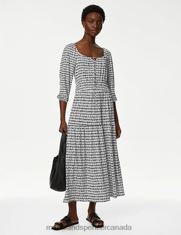 Women Navy Mix Clothing Marks & Spencer Jersey Printed Square Neck Midi Dress 20VTD663 - Marks and Spencer Canada locations