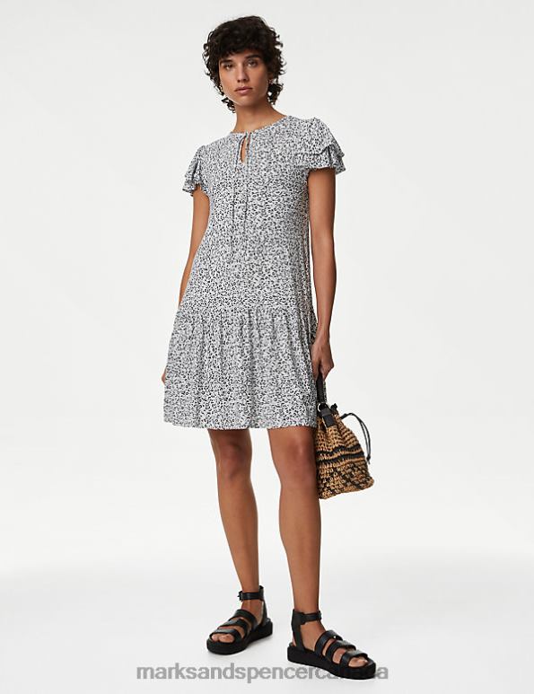 Marks and Spencer Canada - Women Navy Mix Clothing Marks & Spencer Jersey Printed Tie Neck Mini Smock Dress 20VTD1658