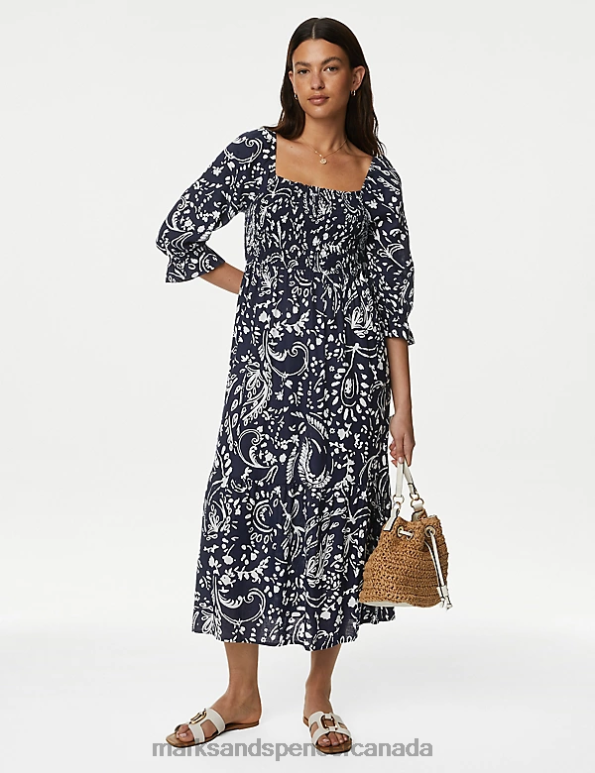 Marks and Spencer near me - Women Navy Mix Clothing Marks & Spencer Linen Blend Printed Square Neck Midi Dress 20VTD2566