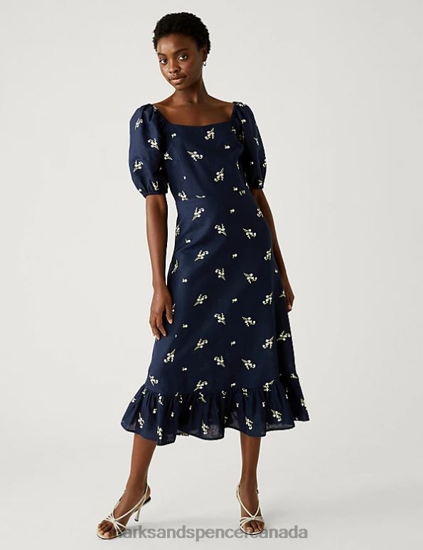 Women Navy Mix Clothing Marks & Spencer Linen Rich Floral Square Neck Midi Dress 20VTD2777 - Marks and Spencer outlet