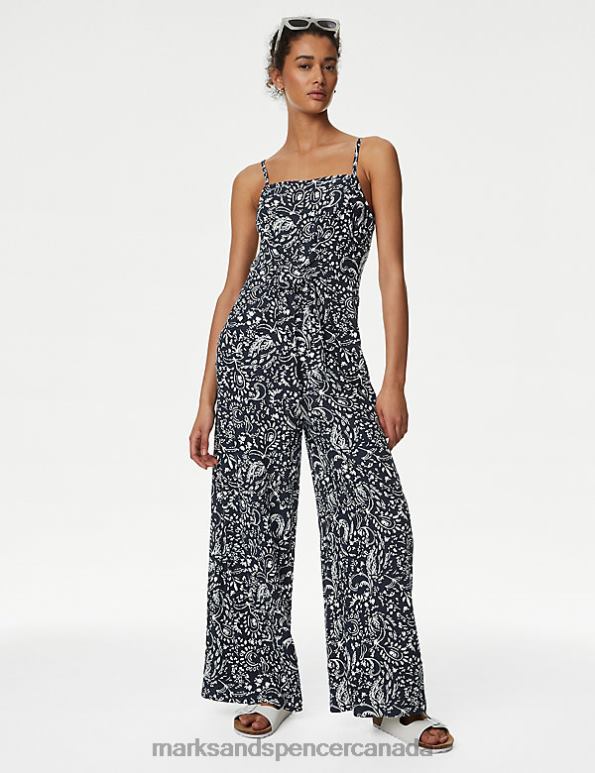 Women Navy Mix Clothing Marks & Spencer Linen Rich Printed Sleeveless Jumpsuit 20VTD2928 - Marks and Spencer Canada locations