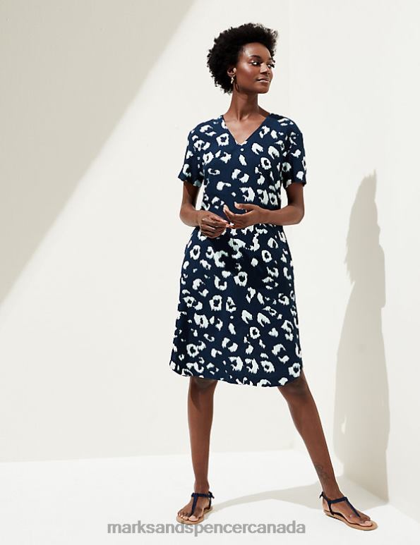 Women Navy Mix Clothing Marks & Spencer Linen Rich Printed V-Neck Midi Shift Dress 20VTD2466 - Marks and Spencer Canada locations