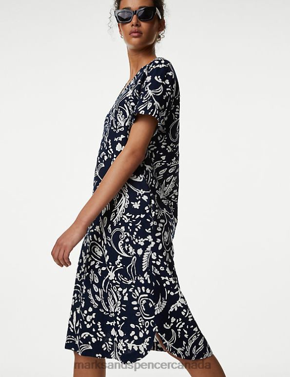 Marks and Spencer sale - Women Navy Mix Clothing Marks & Spencer Linen Rich Printed V-Neck Midi Shift Dress 20VTD676